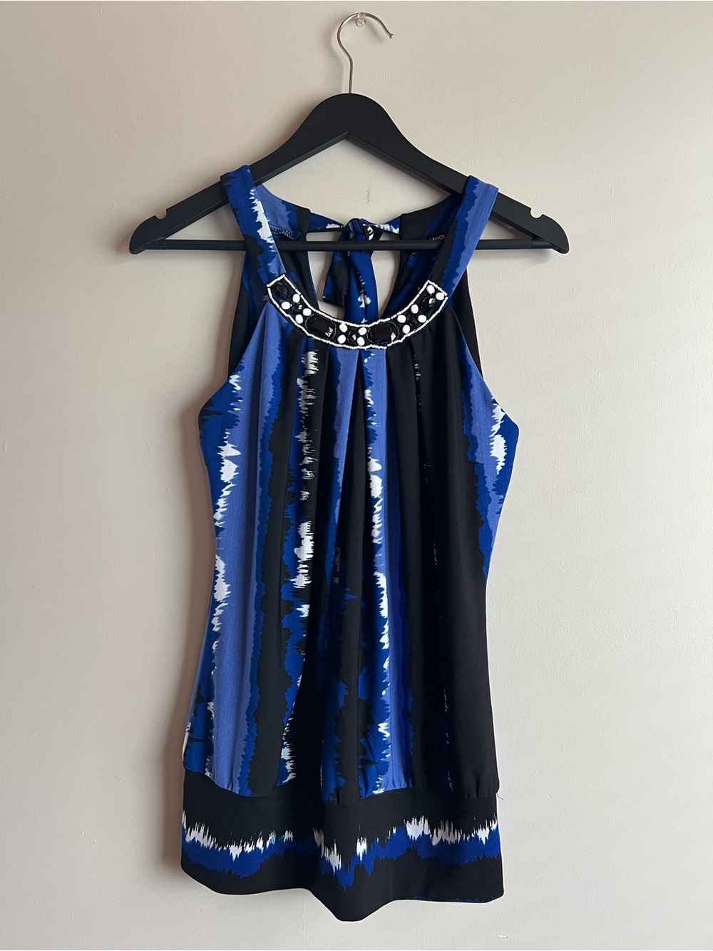 Y2K Le Chateau Beaded Halter Blouse Blue Black Stretch Sleeveless Size Small